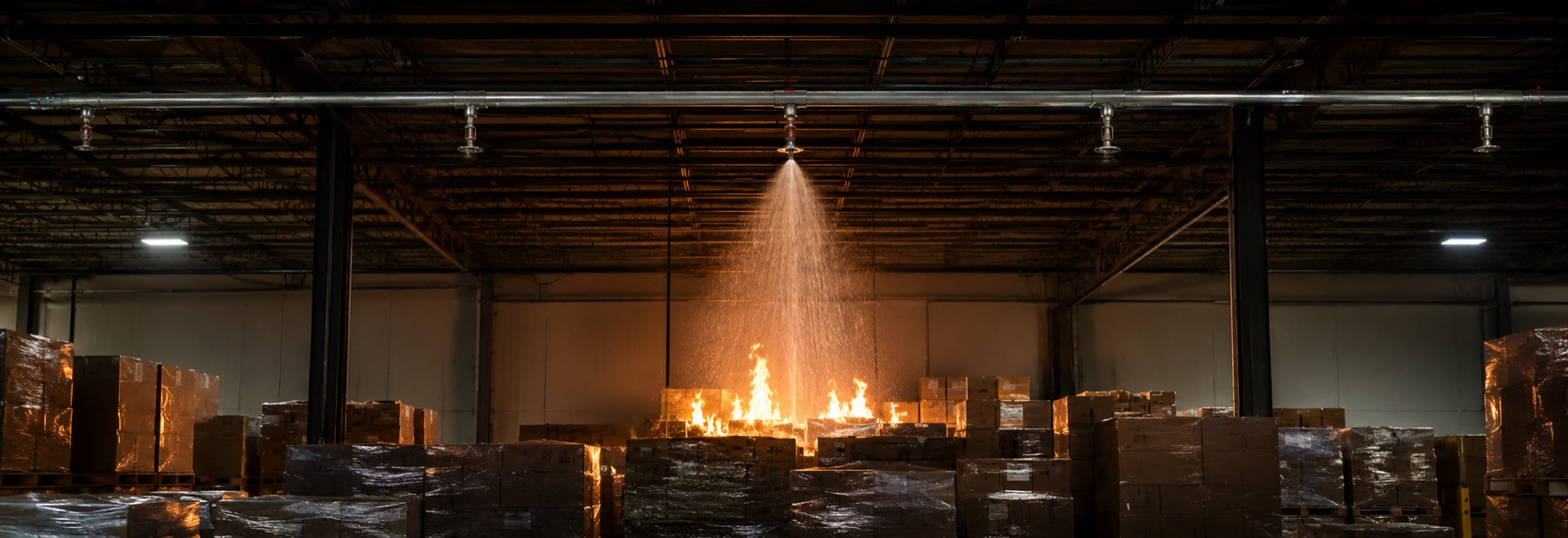 A single sprinkler head discharging directly onto a fire in a warehouse, while the surrounding sprinklers stay dry